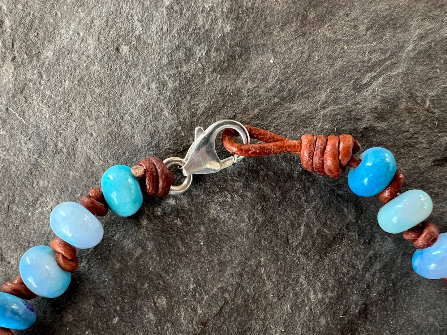 Denim Blue Opal Knotted on Leather Unisex Bracelet 8.5”