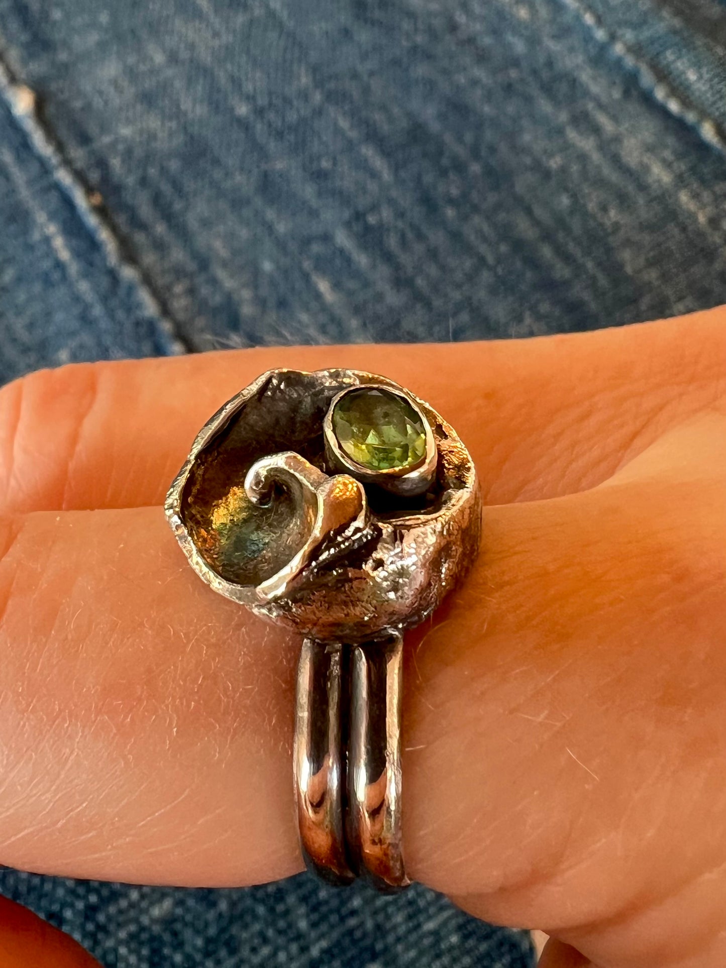Oxidized Sterling Silver Conch Shell Fragment Ring with Misty Green Tourmaline - Salt Series - One of a Kind