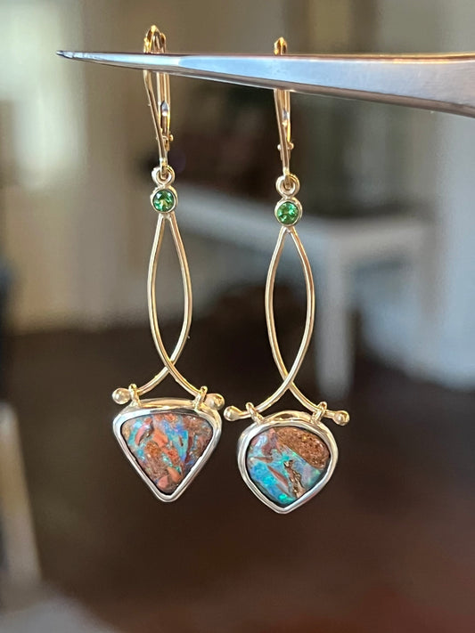 Hinged 14K Dangle Earrings with Australian Pipe Opal & Tsavorite- One of a Kind