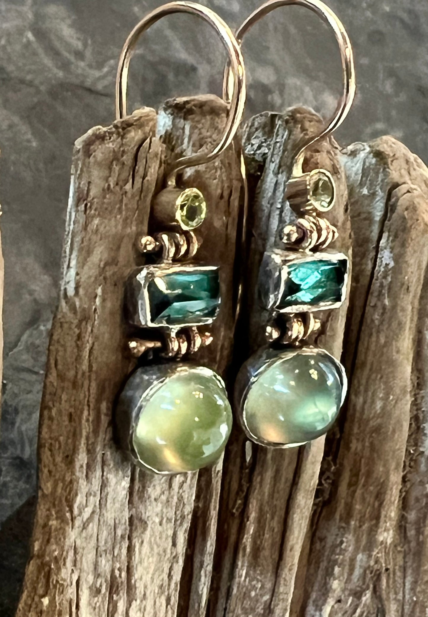 Tourmaline, Peridot & Prehnite 14K Sterling Hinged Drop One of a Kind Earrings