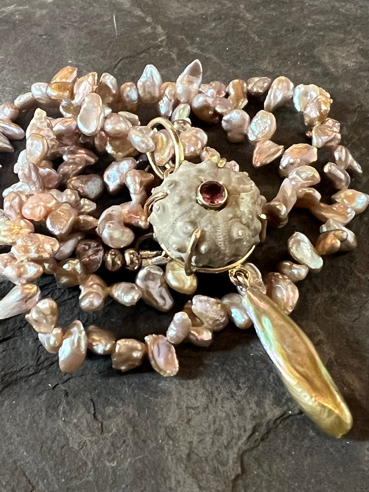 Fossil Sea Urchin in 14K with Tourmaline & Freshwater Pearl One of a Kind Pendant - Salt Series