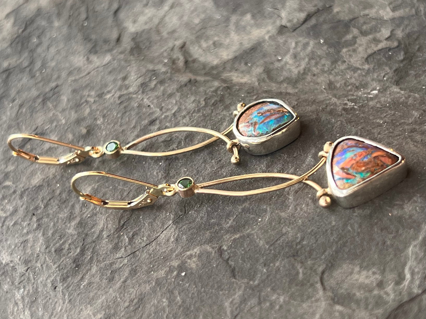 Hinged 14K Dangle Earrings with Australian Pipe Opal & Tsavorite- One of a Kind