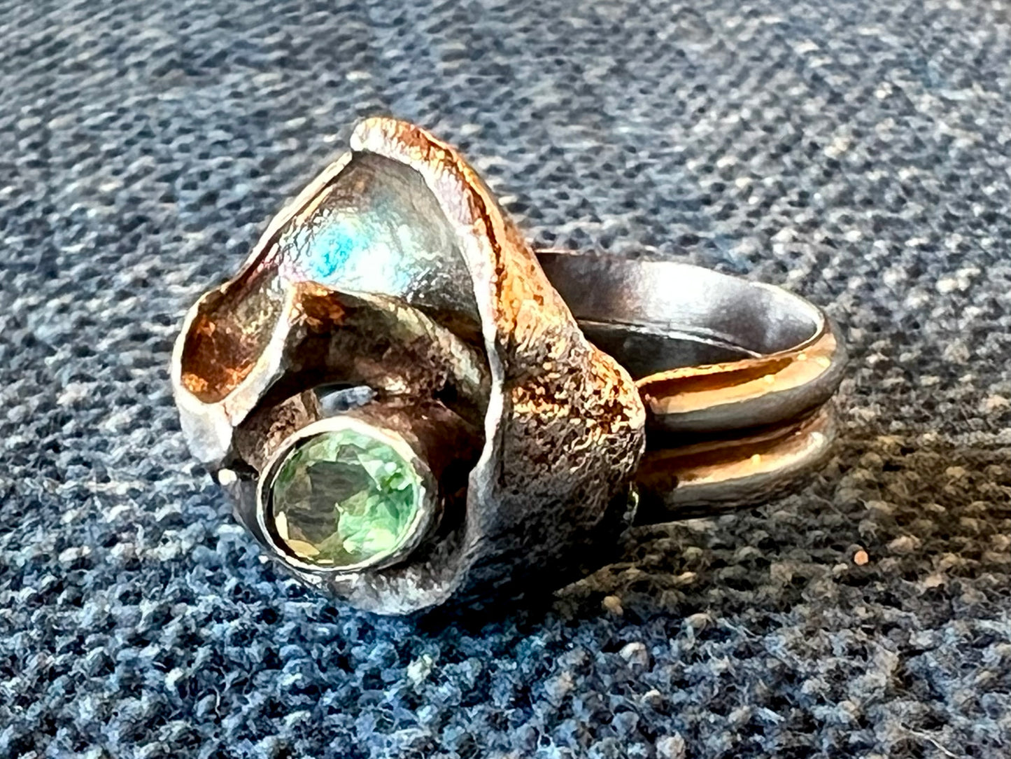 Oxidized Sterling Silver Conch Shell Fragment Ring with Misty Green Tourmaline - Salt Series - One of a Kind