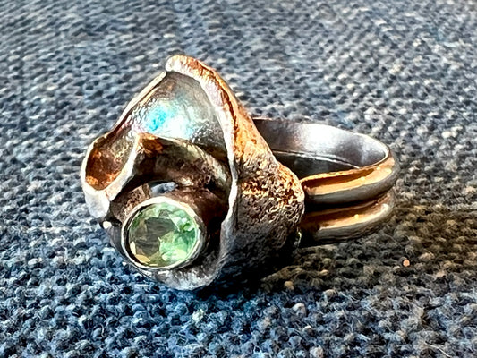 Oxidized Sterling Silver Conch Shell Fragment Ring with Misty Green Tourmaline - Salt Series - One of a Kind