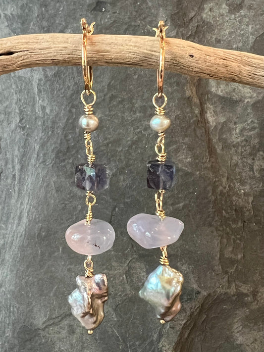 14K Mini Hoop with Long Lavender Gemmy Dangle - One of a Kind Earrings