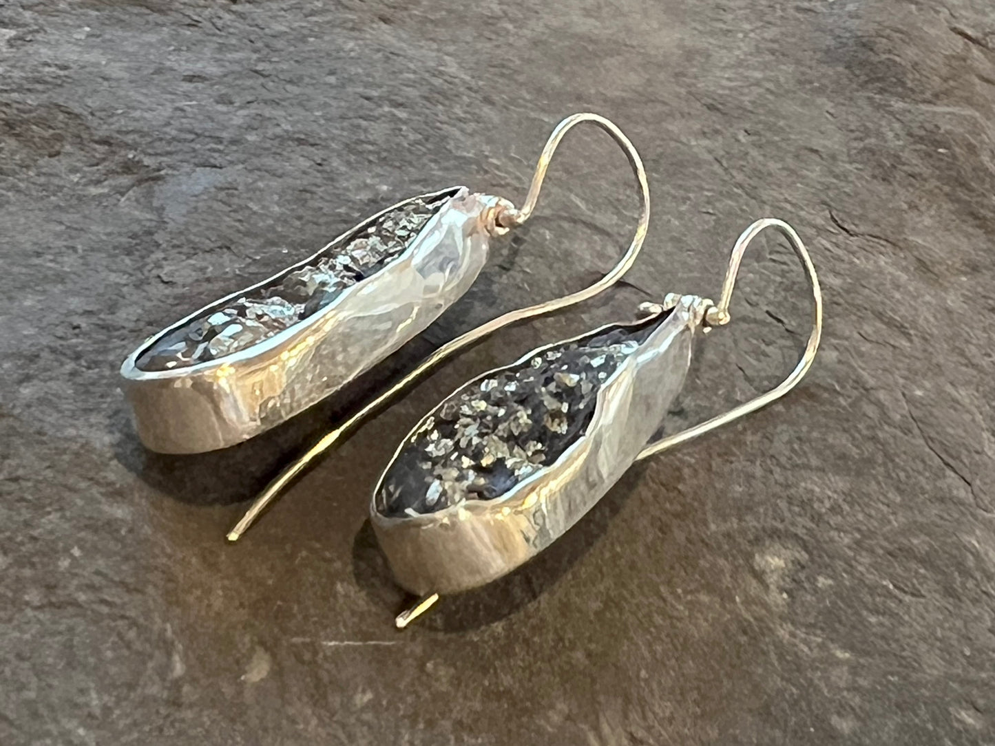 Pyrite in Slate Hinged Teardrop Sterling One of a Kind Earrings