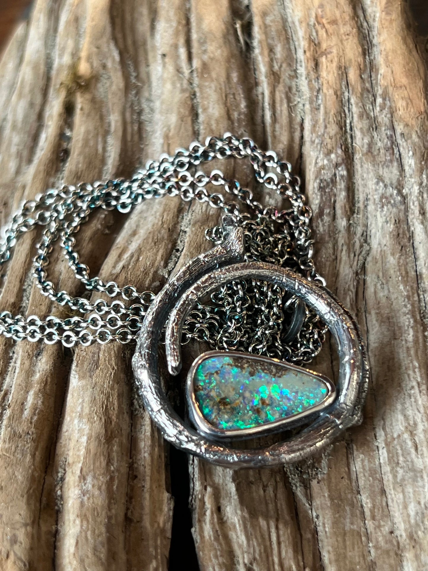 One of a Kind Oxidized Sterling & Australian Pipe Opal Vine Pendant - Cayuga Collection