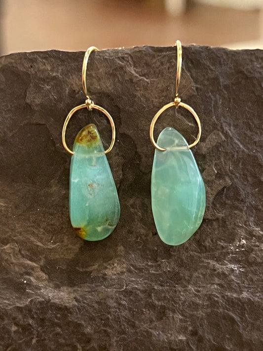 Minimalist Imperial Green Chalcedony Freeform 14K Earrings- One of a Kind