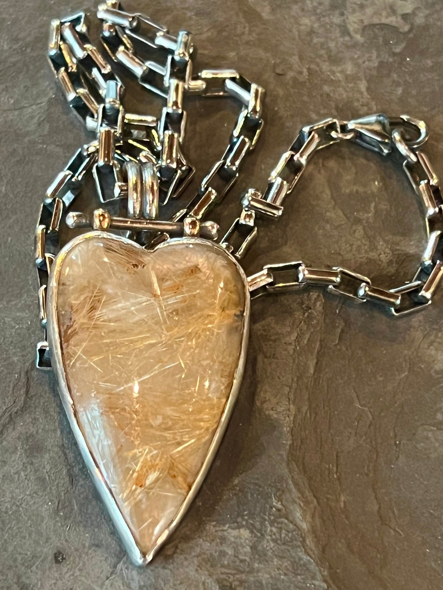 One of a Kind Golden Rutilated Quartz Sterling Silver & 14K Hinged Heart Necklace- Crooked Little Heart