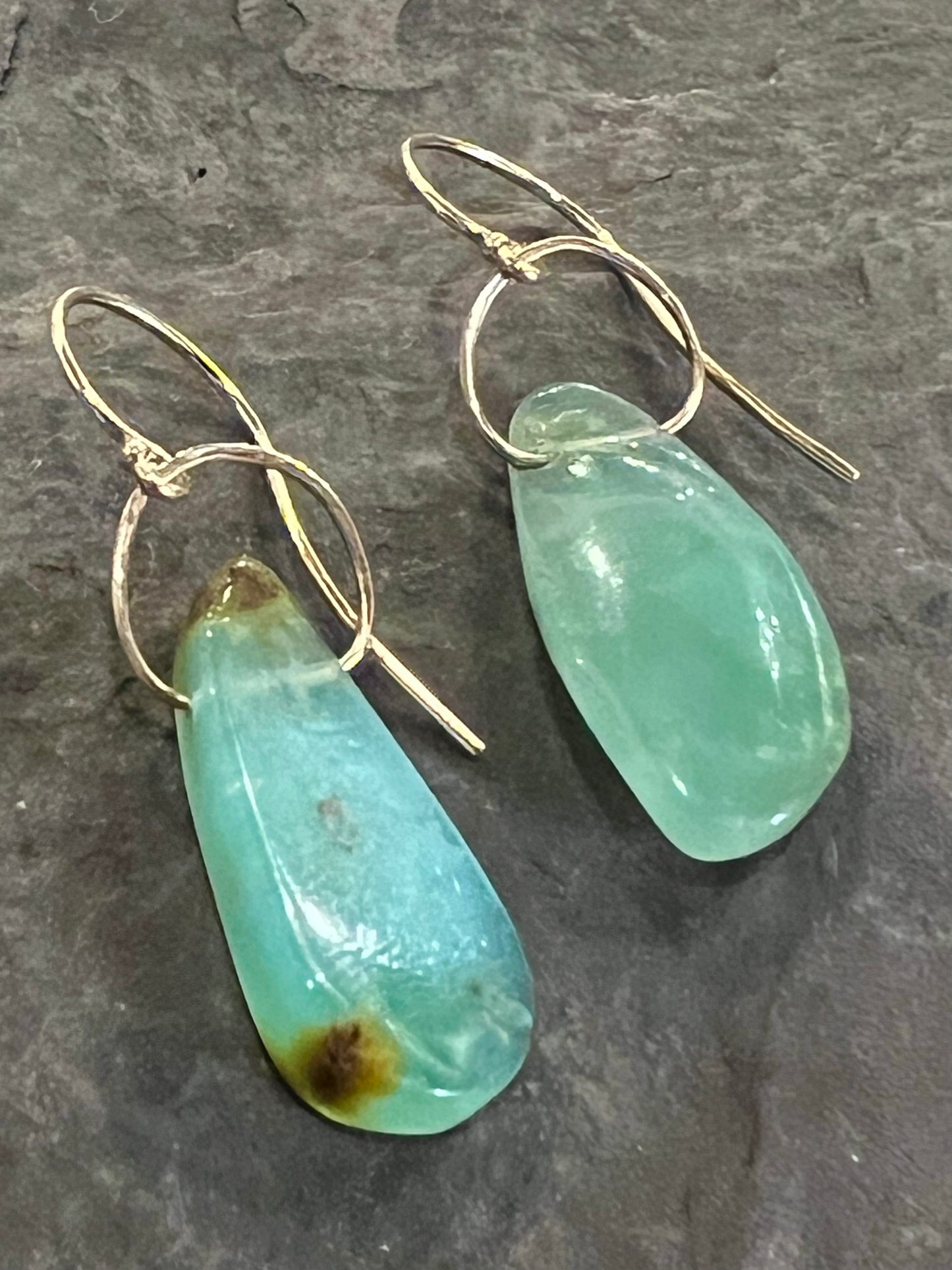 Minimalist Imperial Green Chalcedony Freeform 14K Earrings- One of a Kind