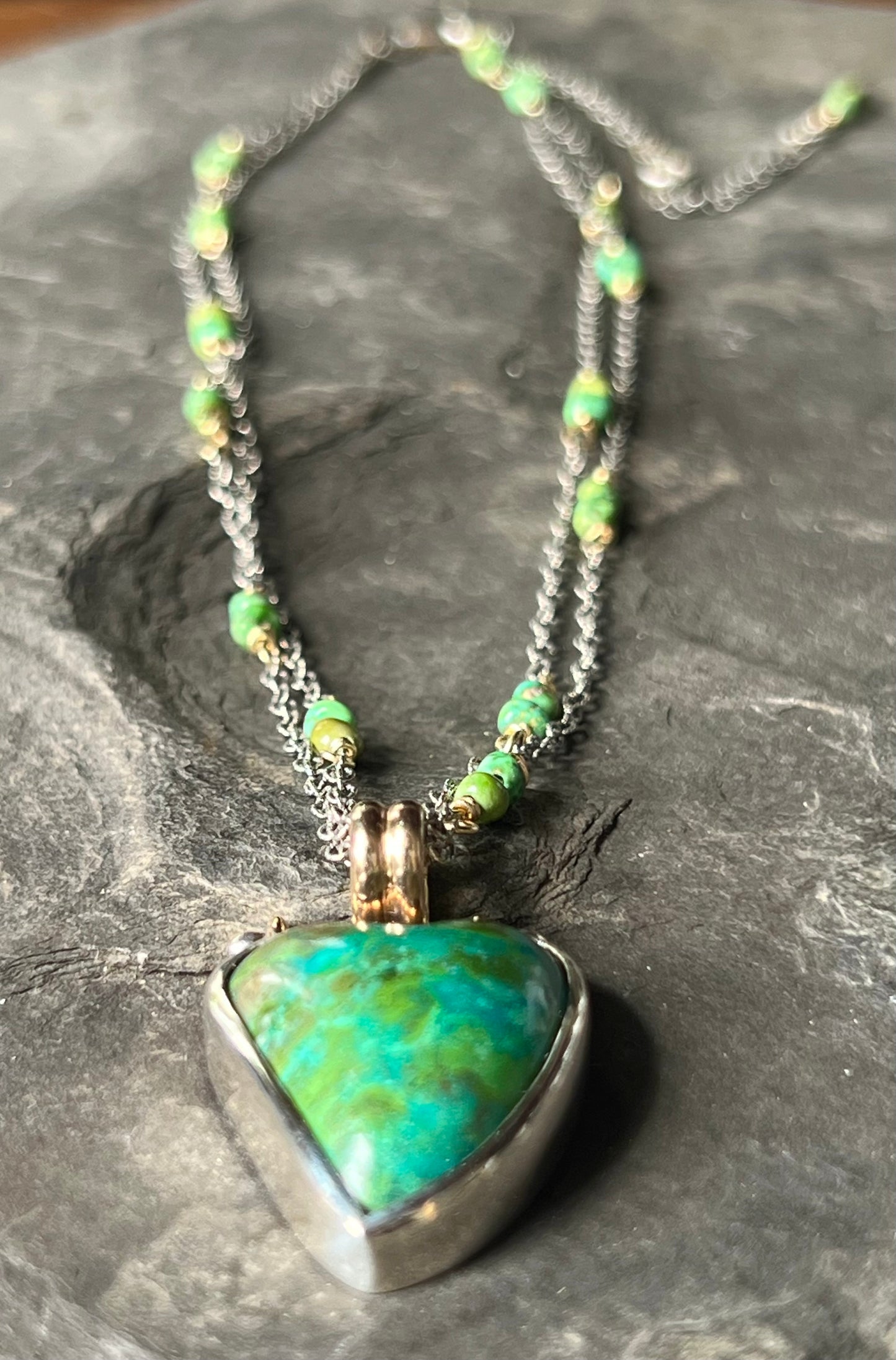 Butterfly Chrysocolla Crooked Little Heart Sterling & 14K Necklace 16-20” - One of a Kind