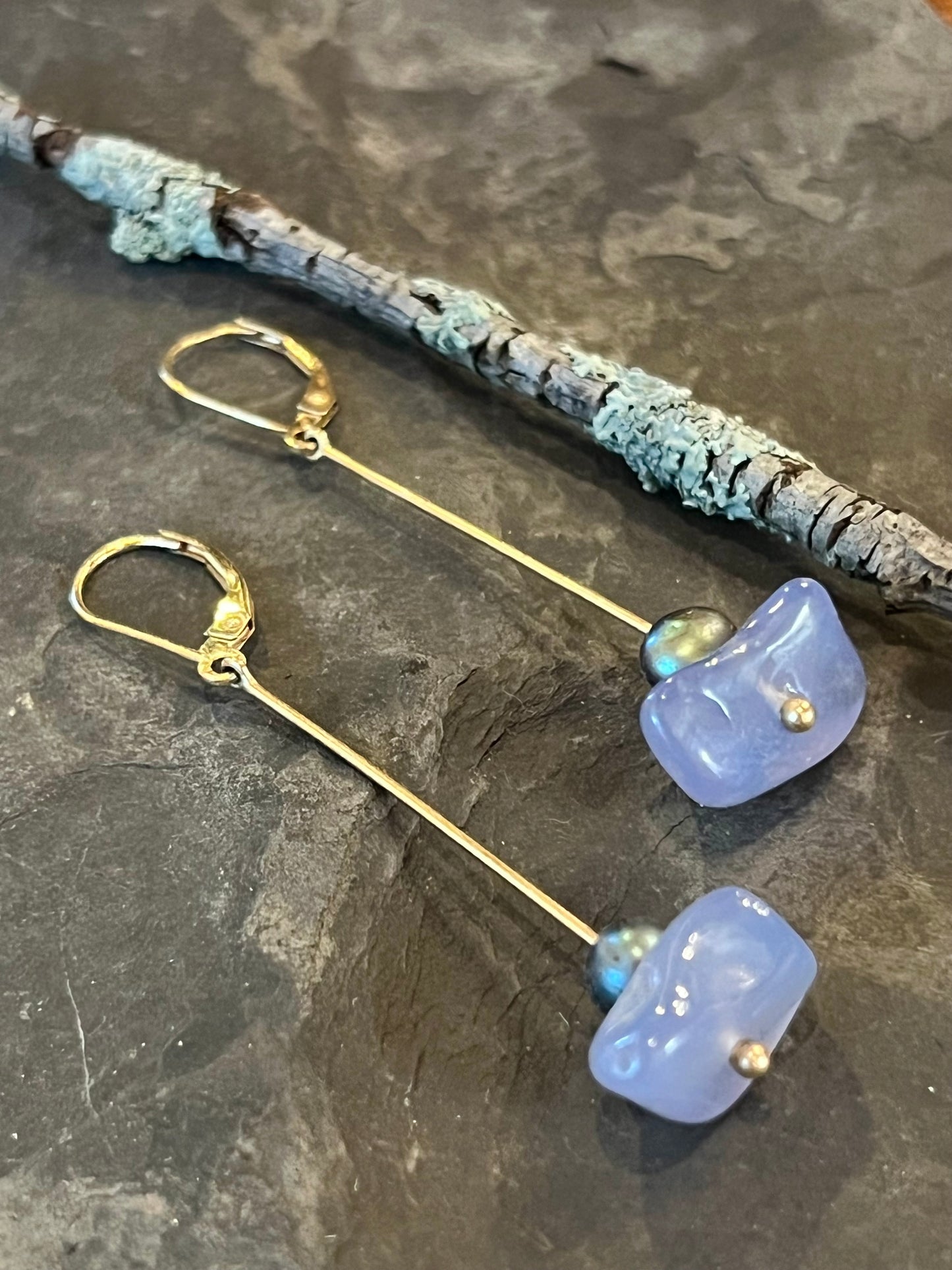 14K Linear Dangle with Turkish Blue Chalcedony - Minimalist Earrings
