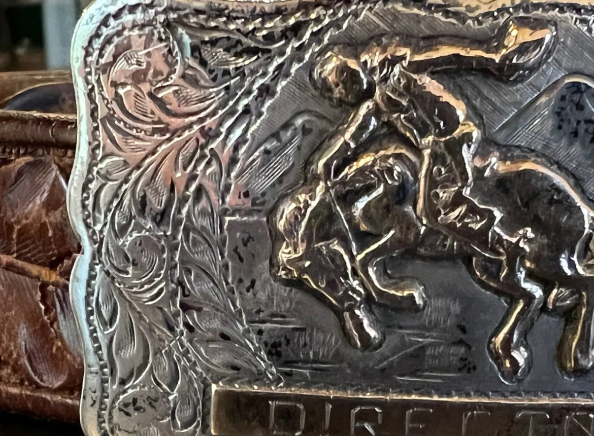 Estate Solid Sterling & 10K YG Hand Engraved San Joaquin Rodeo Directors Belt Buckle