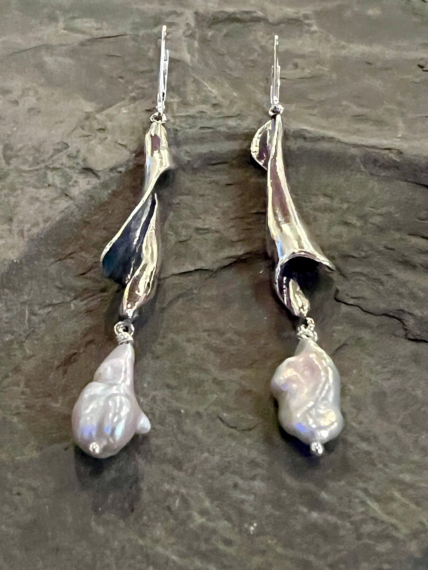 Ocean Inspired Dangle Earrings- Oxidized Sterling Eroded Shell Spiral with Freshwater Keshi Pearl- Salt Series