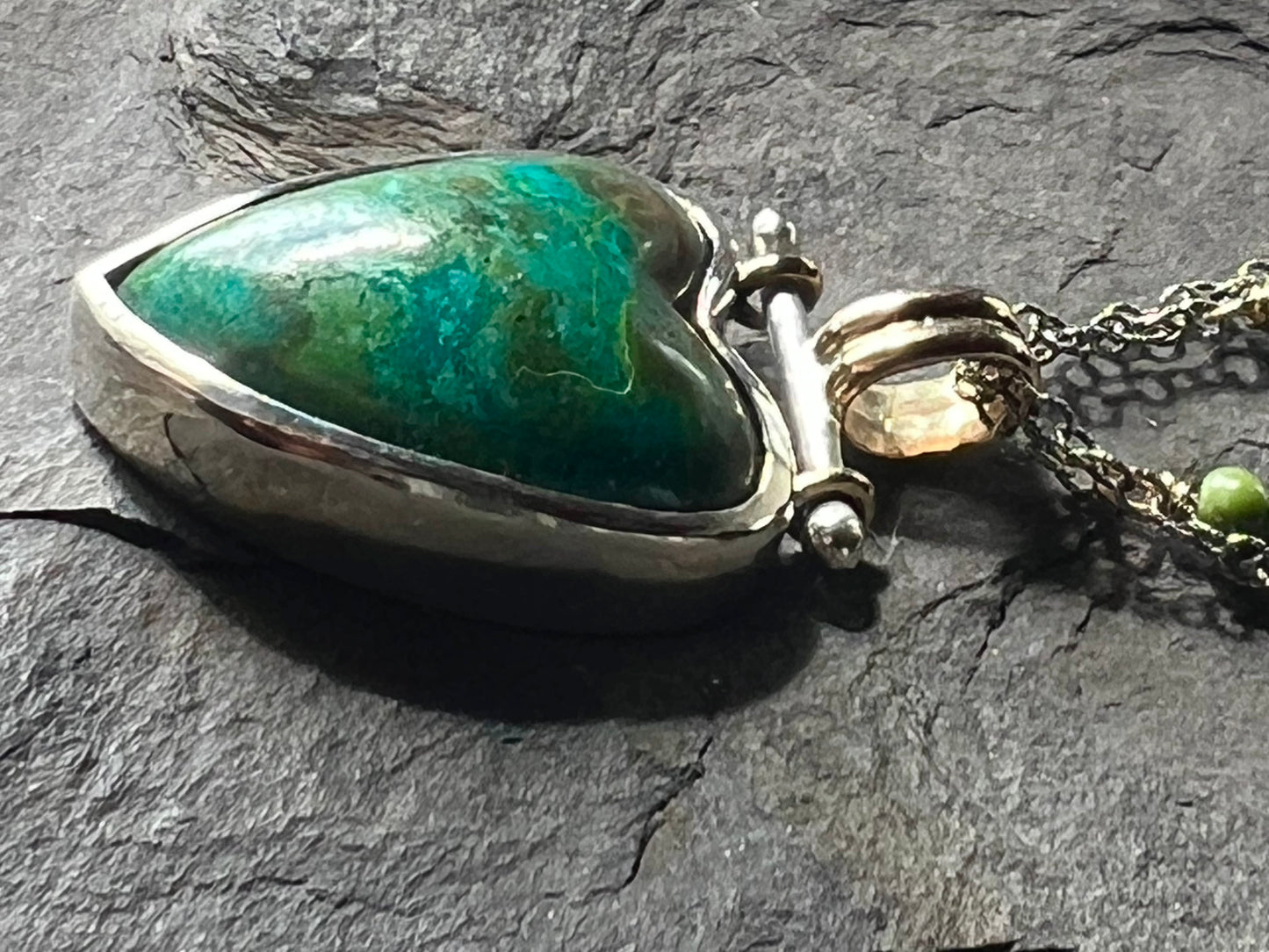 Butterfly Chrysocolla Crooked Little Heart Sterling & 14K Necklace 16-20” - One of a Kind