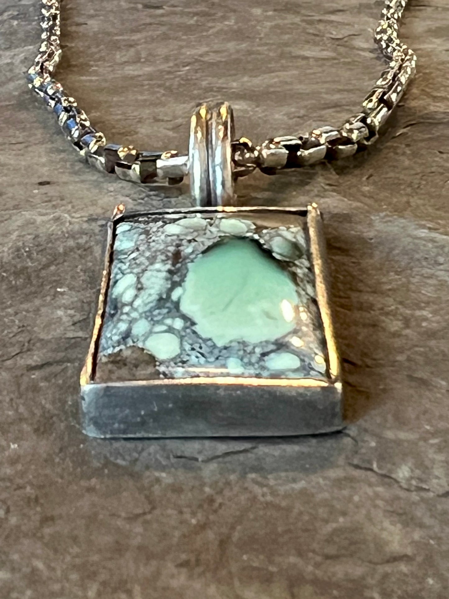 Star Fox Variscite in distressed oxidized Sterling Silver & 14K Gold Hinged One of a Kind Unisex Pendant