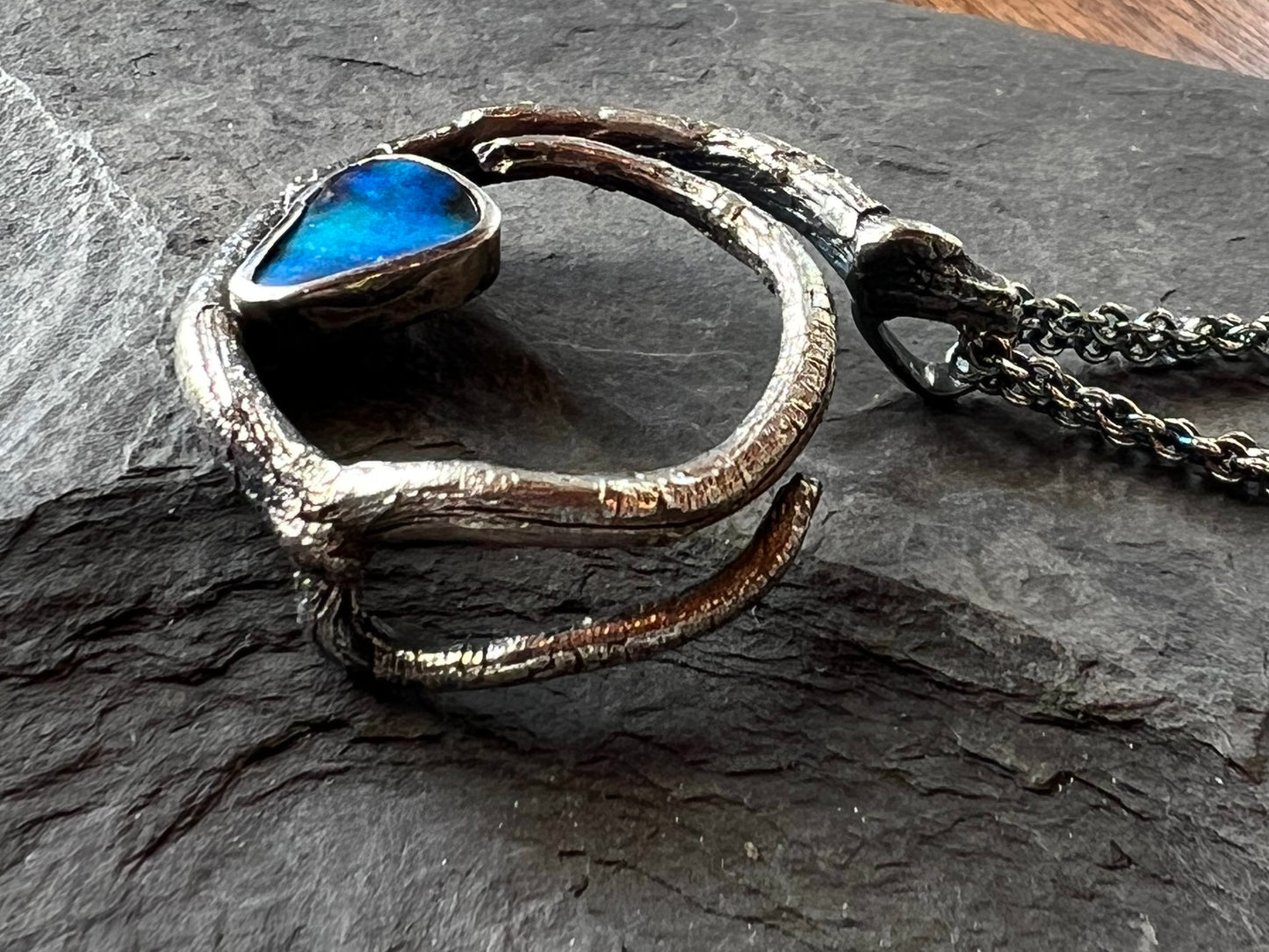 One of a Kind Oxidized Sterling & Australian Boulder Opal Vine Pendant - Cayuga Collection
