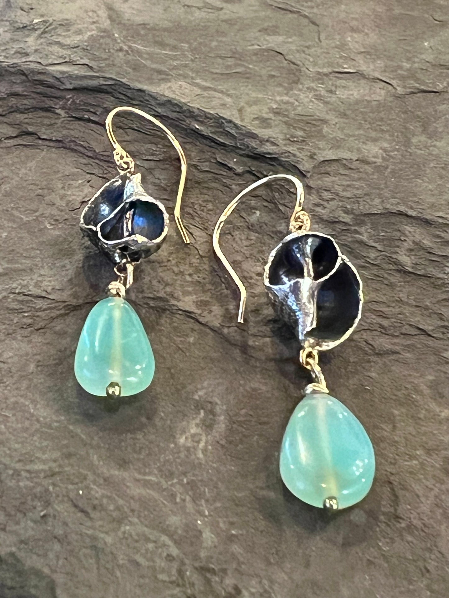 Ocean Inspired Oxidized Sterling & 14K Earrings with Peruvian Opal- Salt Series