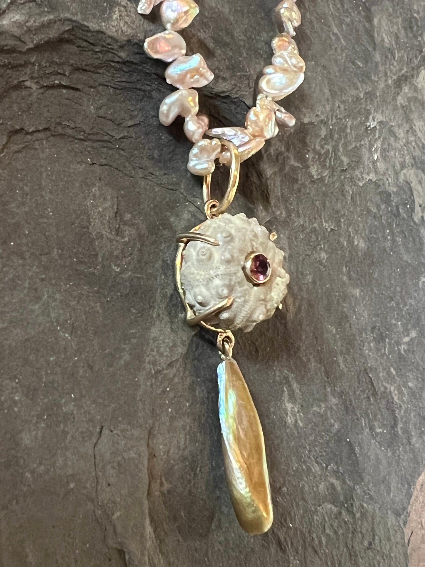 Fossil Sea Urchin in 14K with Tourmaline & Freshwater Pearl One of a Kind Pendant - Salt Series