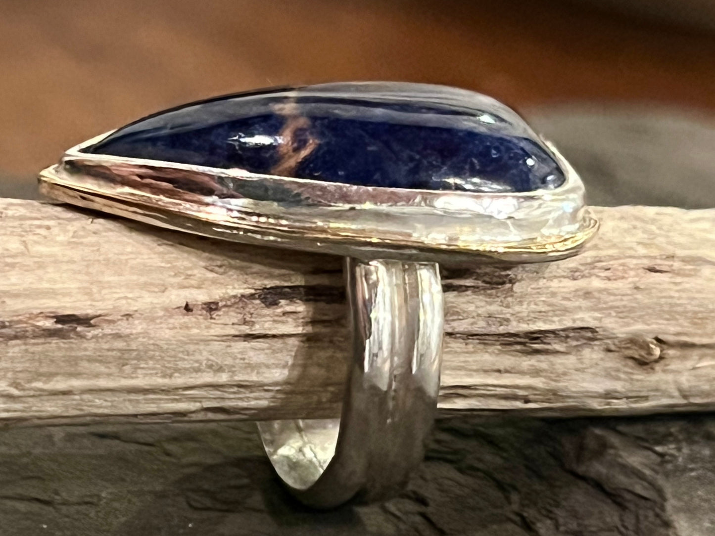 Navy Blue Sodalite Crooked Little Heart Ring in Sterling silver & 14K - One of a Kind