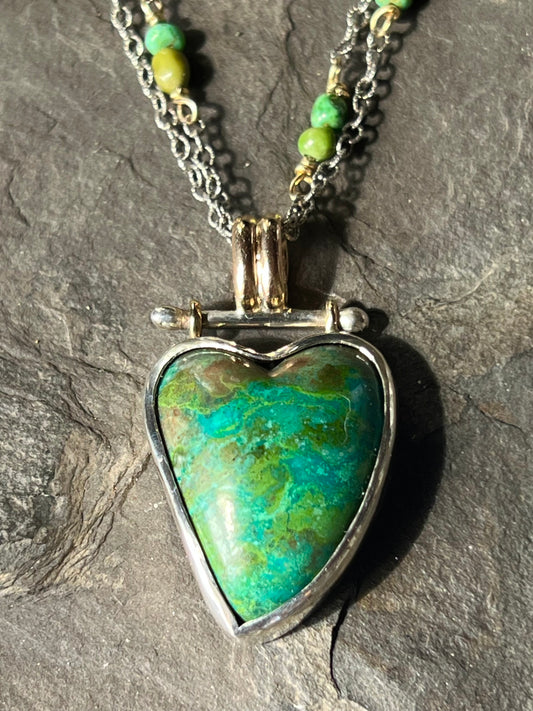Butterfly Chrysocolla Crooked Little Heart Sterling & 14K Necklace 16-20” - One of a Kind