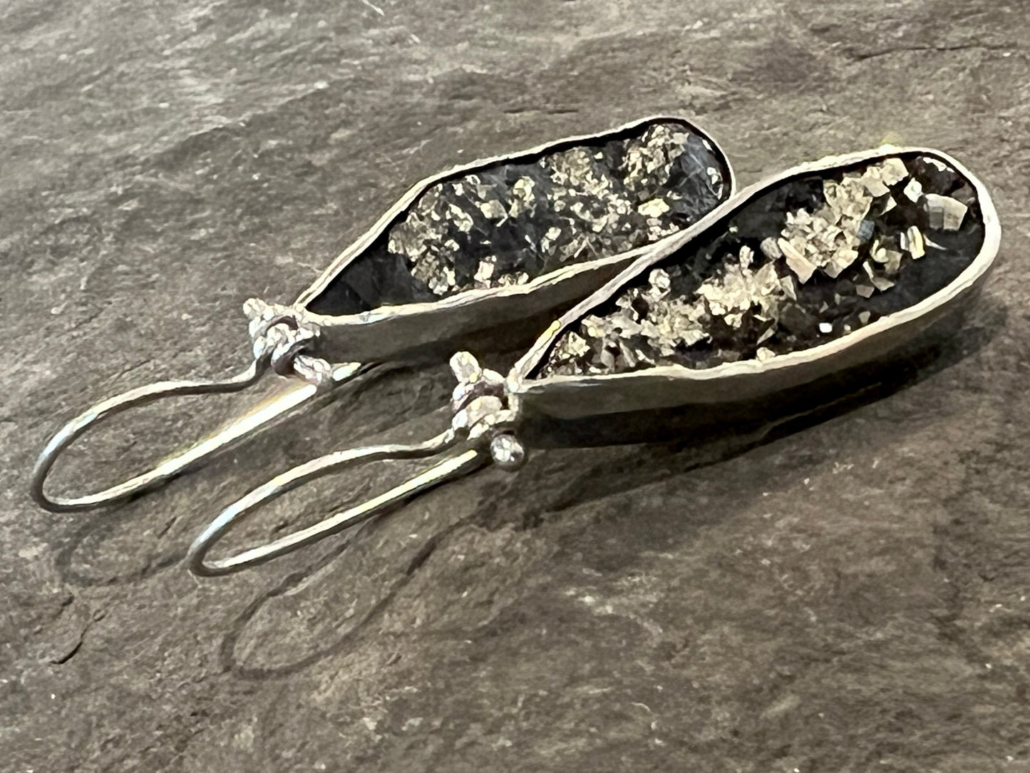 Pyrite in Slate Hinged Teardrop Sterling One of a Kind Earrings