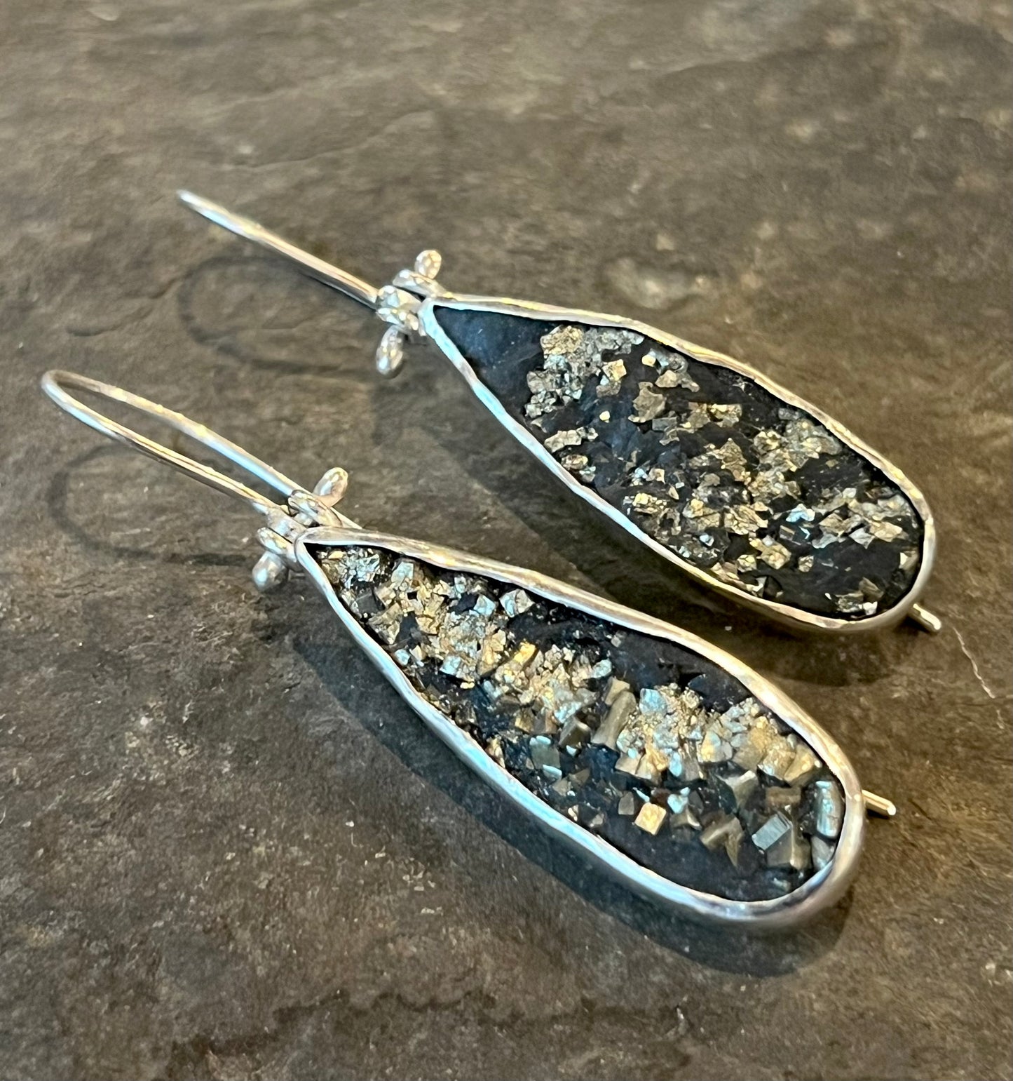Pyrite in Slate Hinged Teardrop Sterling One of a Kind Earrings