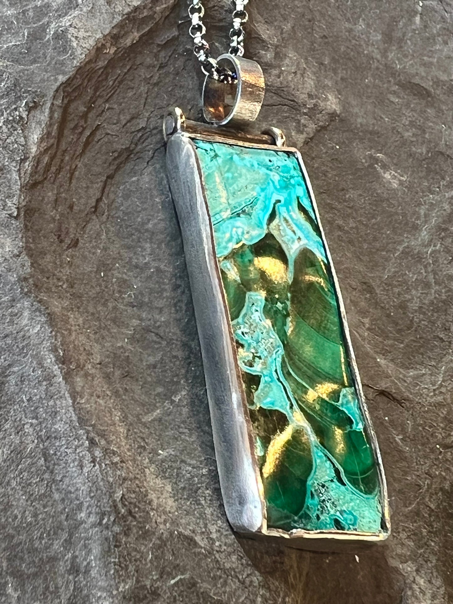 Azure-Malachite Slab Hinged Unisex Necklace Sterling 14K - One of a Kind