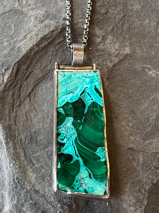 Azure-Malachite Slab Hinged Unisex Necklace Sterling 14K - One of a Kind