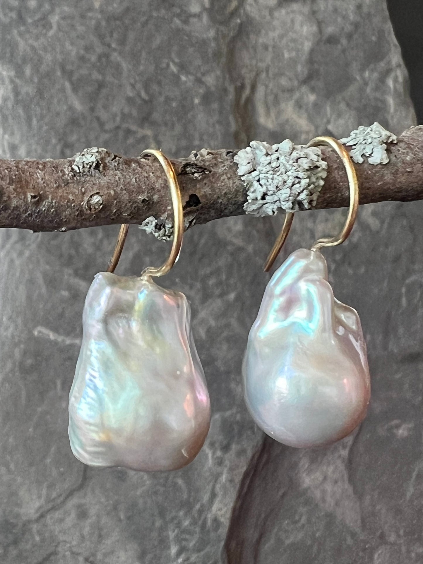 Minimalist Blue Gray Baroque Flame Ball 14K Demi Drop Earrings - One of a Kind