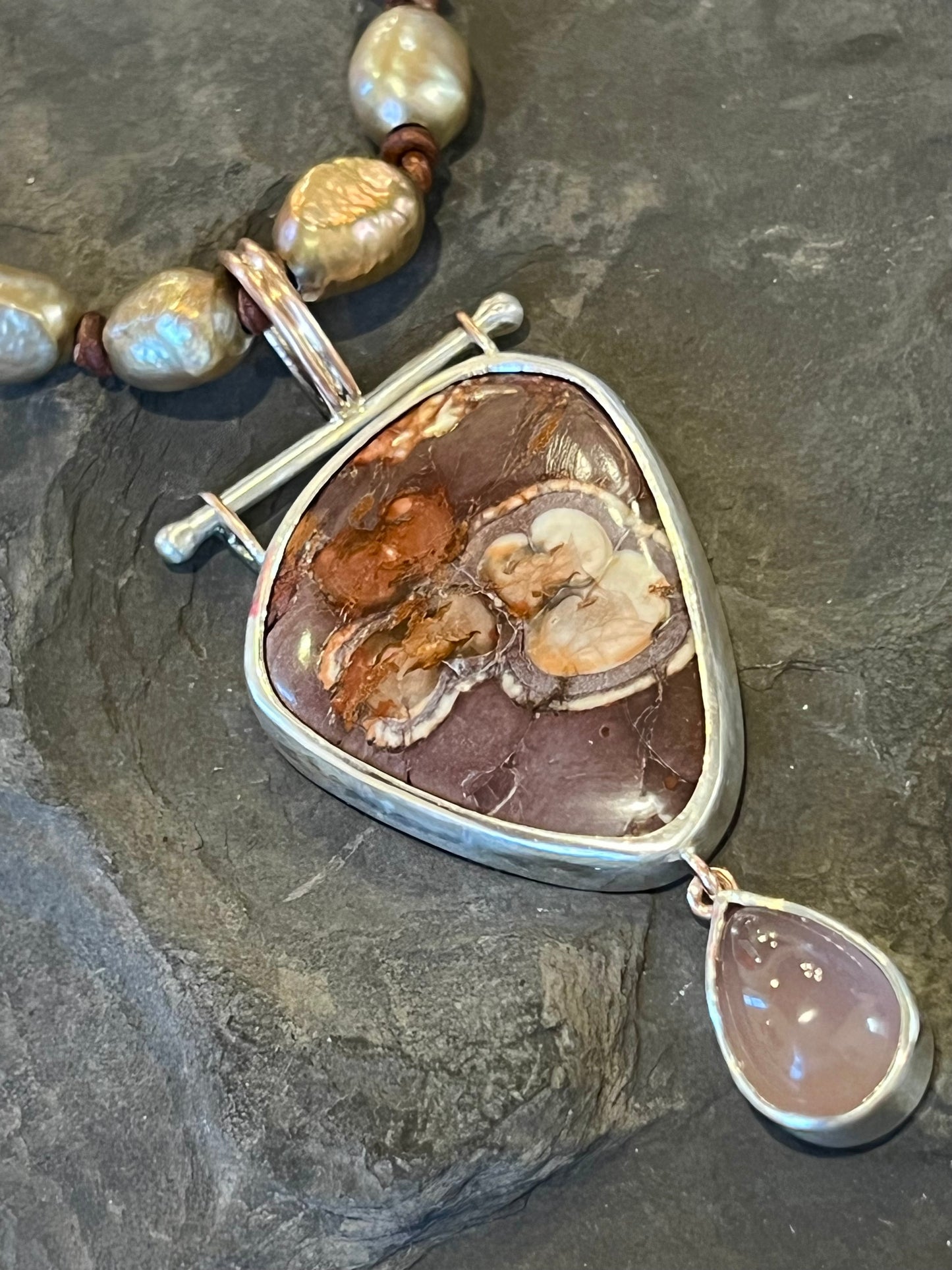 Birds Eye Agate & Lavender Quartz Hinged One of a Kind Sterling & Rose Gold Pendant
