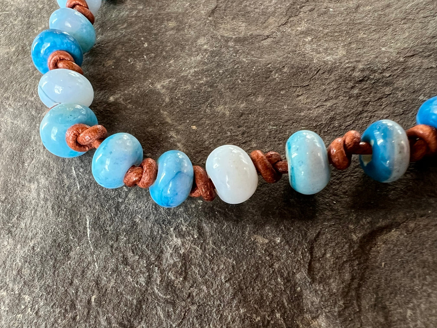 Denim Blue Opal Knotted on Leather Unisex Bracelet 8.5”
