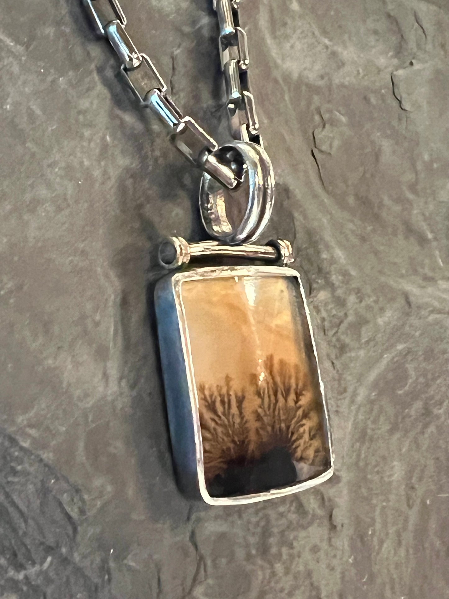Oxidized Sterling Silver Hinged Pendant with Dendritic Agate & 14K Rose Gold- One of a Kind