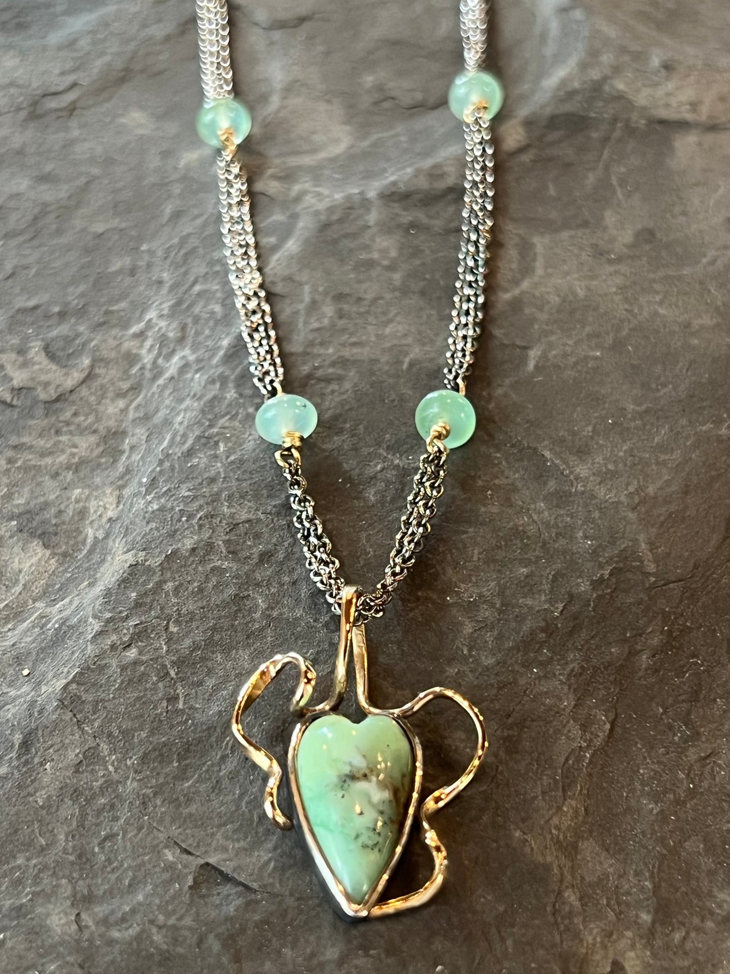Green Imperial Jasper Crooked Little Heart Necklace Sterling Silver & 14K