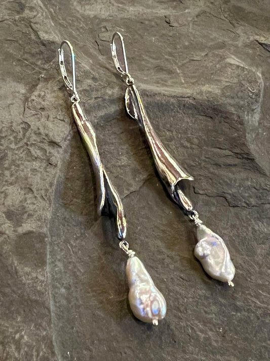 Ocean Inspired Dangle Earrings- Oxidized Sterling Eroded Shell Spiral with Freshwater Keshi Pearl- Salt Series