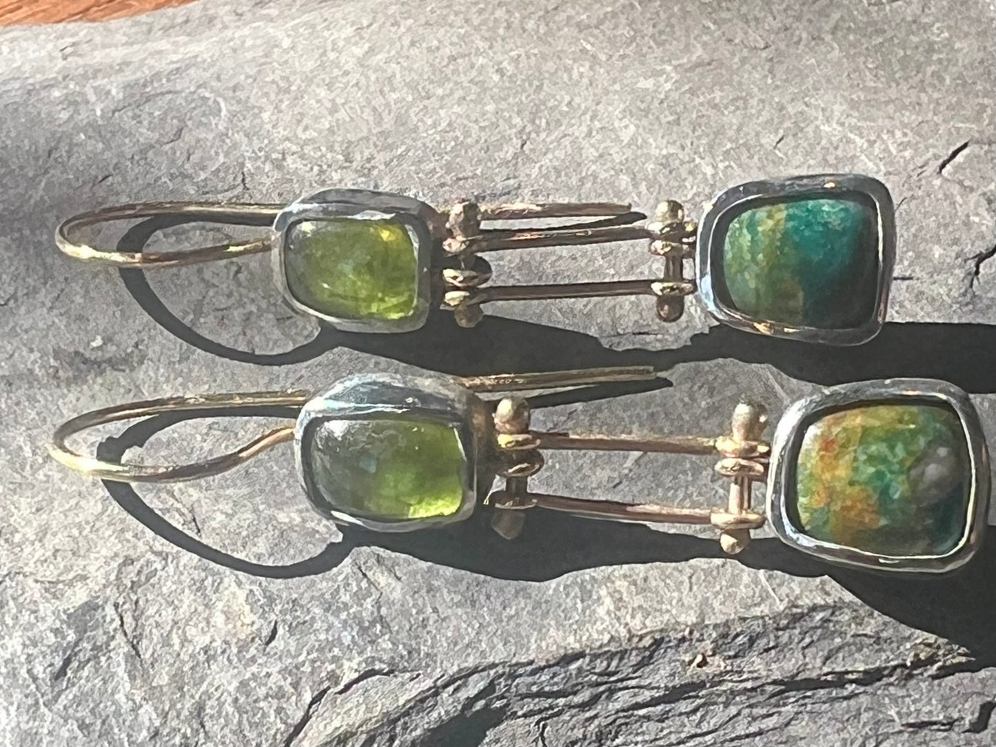 One of a Kind Vesuvianite & Peruvian Opal Double Hinged Dangle Earrings in Sterling & 14K