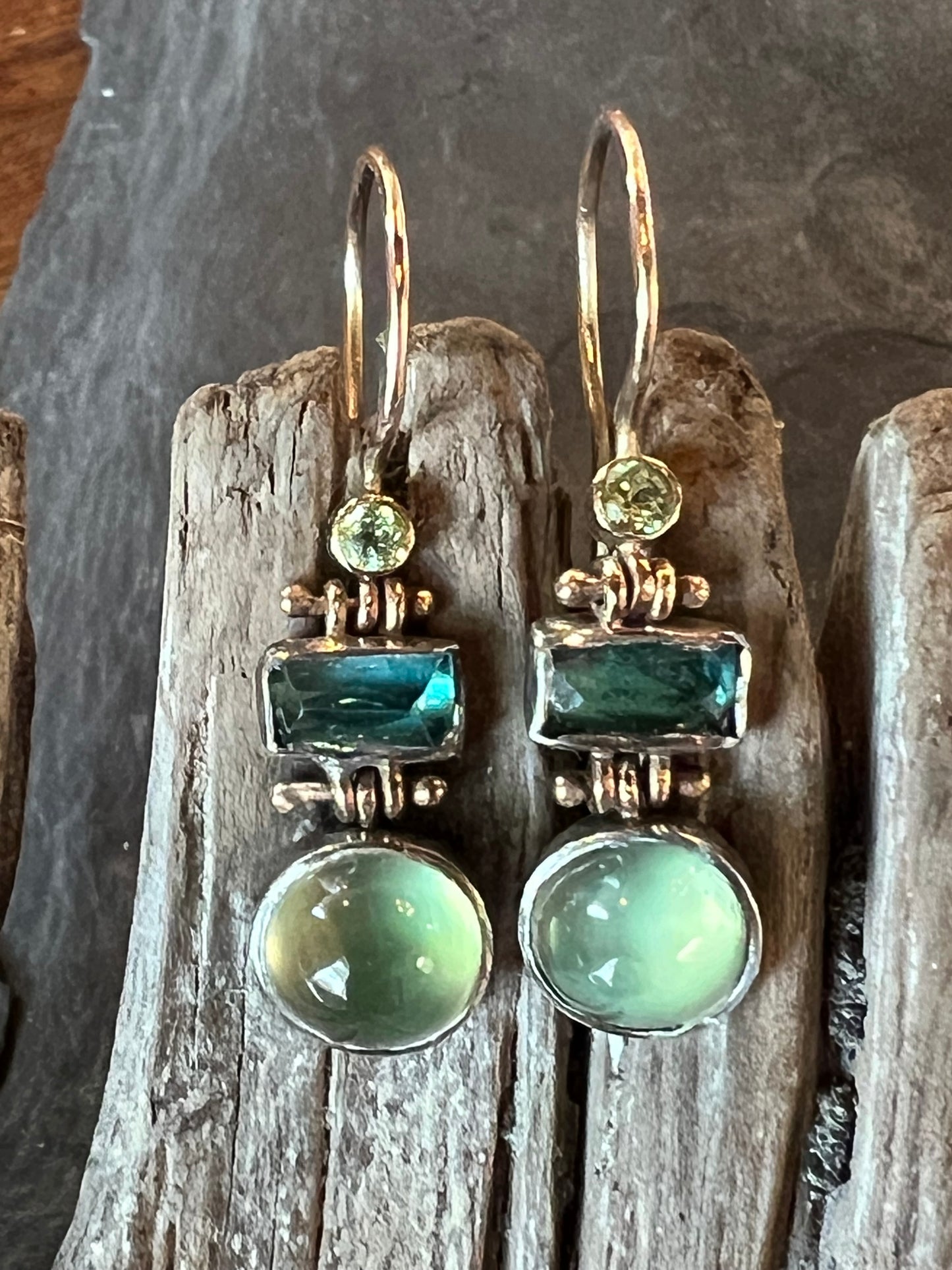 Tourmaline, Peridot & Prehnite 14K Sterling Hinged Drop One of a Kind Earrings