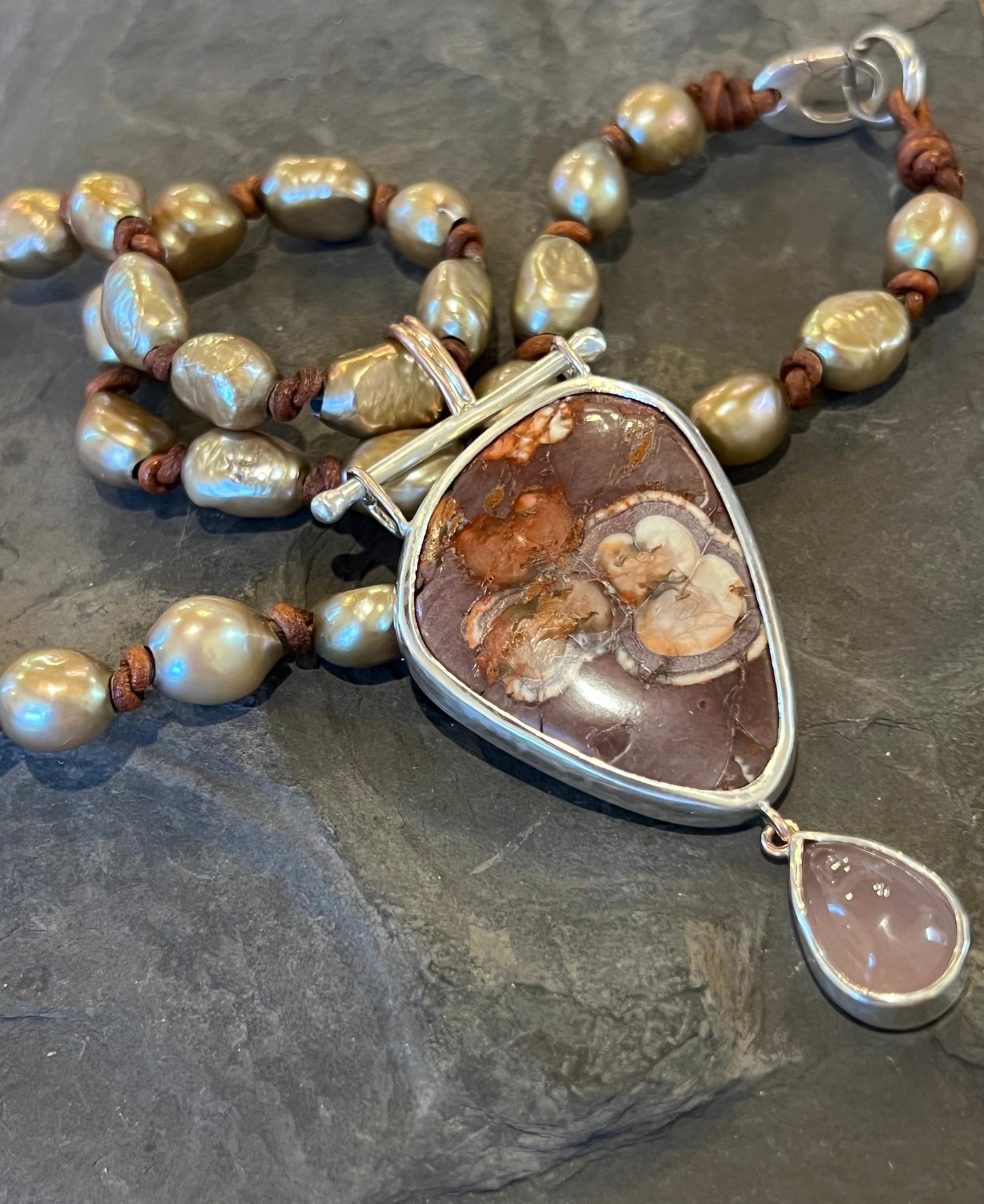 Birds Eye Agate & Lavender Quartz Hinged One of a Kind Sterling & Rose Gold Pendant
