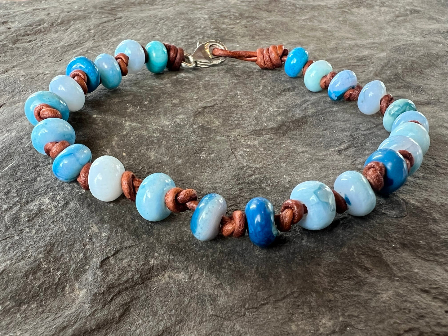 Denim Blue Opal Knotted on Leather Unisex Bracelet 8.5”