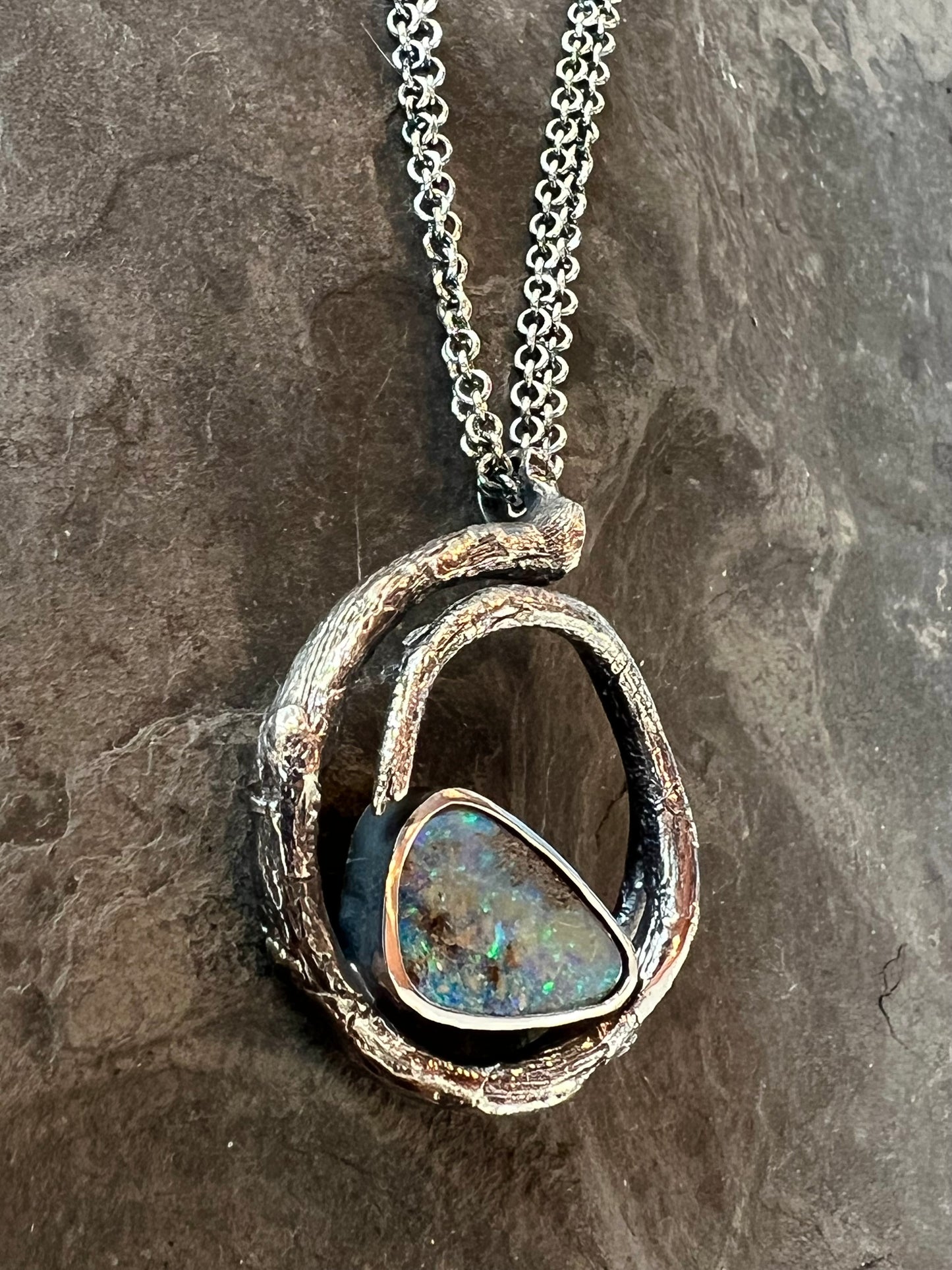 One of a Kind Oxidized Sterling & Australian Pipe Opal Vine Pendant - Cayuga Collection