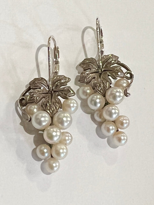 Estate Art Nouveau Akoya Cultured Pearl 900 Silver Grape Cluster Earrings