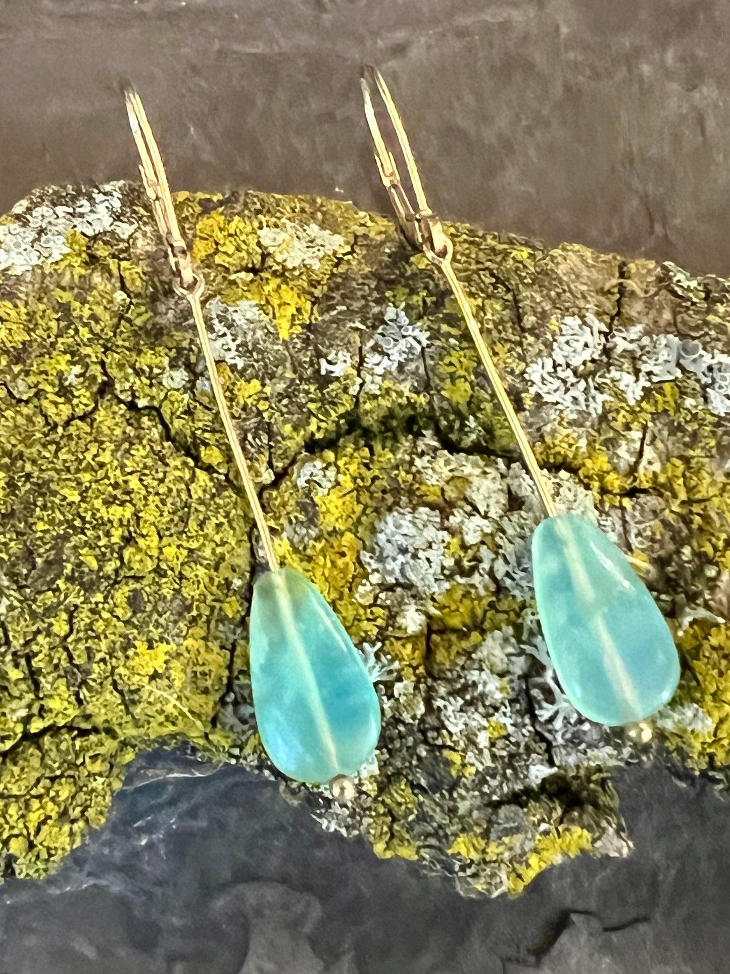 Linear Dangle Earring 14K with Peruvian Opal - One of a Kind- Minimalist