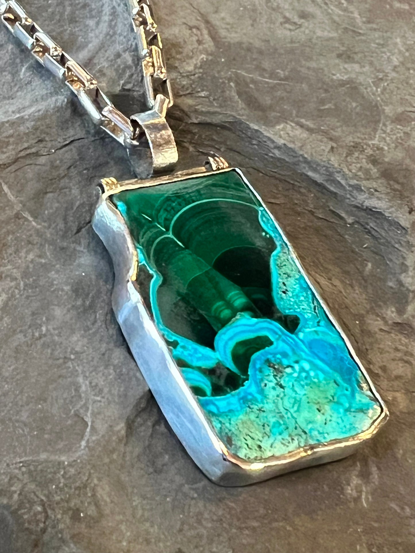 Azure-Malachite Hinged Unisex Necklace Sterling 14K - One of a Kind