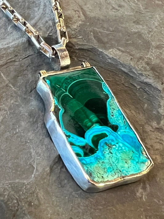 Azure-Malachite Hinged Unisex Necklace Sterling 14K - One of a Kind