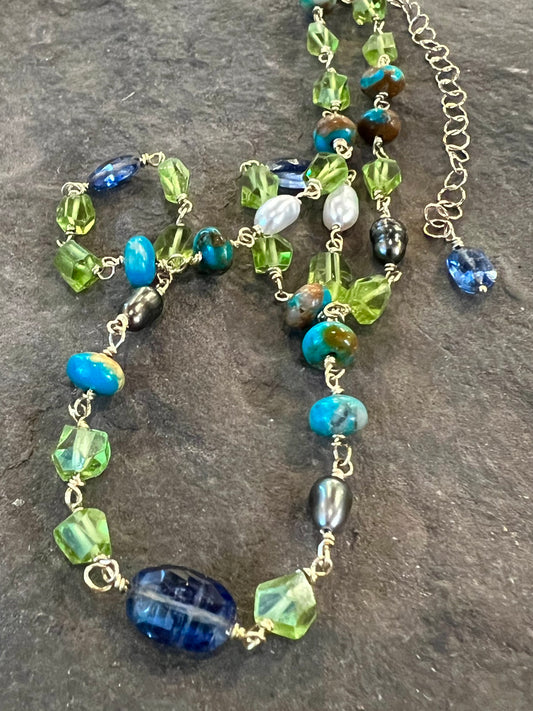 Water’s Edge Necklace- One of a Kind - 14k Peridot Kyanite Turquoise