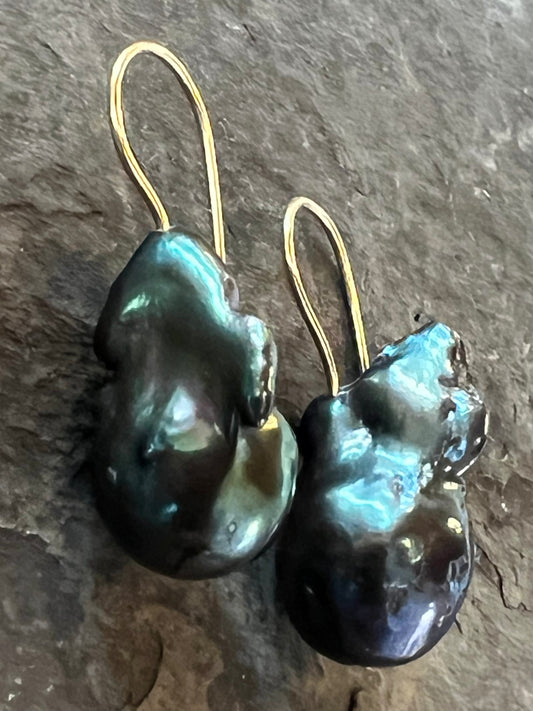 Large Peacock Baroque Pearl 14K Demi-Dangle - Minimalist Earrings