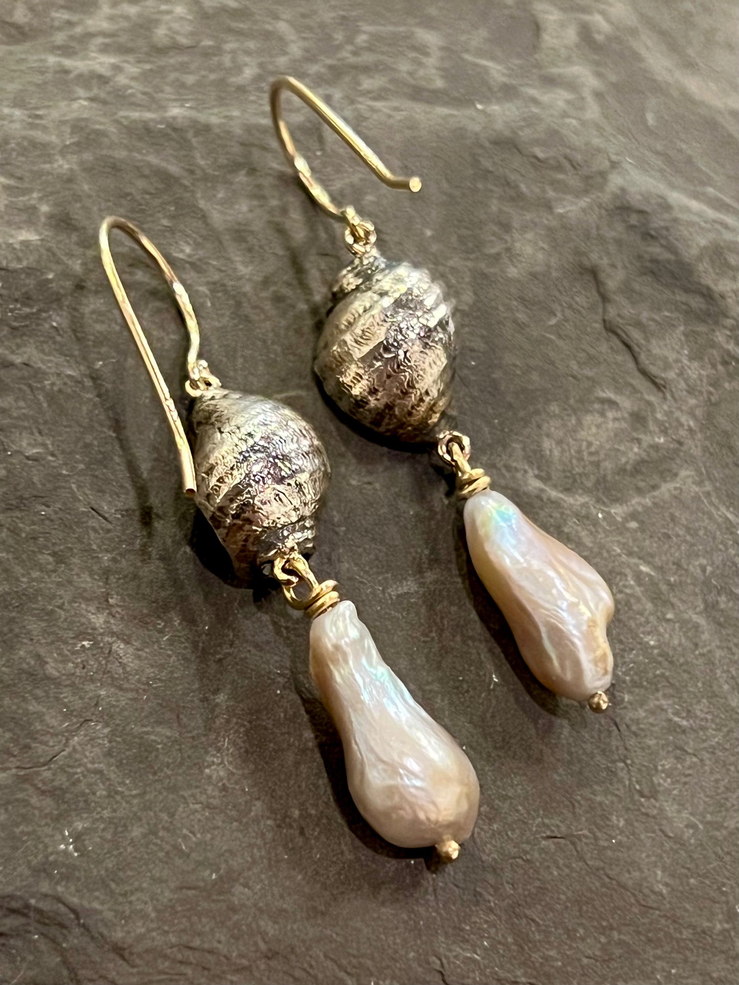 Ocean Inspired Small Eroded Conch Shell Earrings Sterling, 14K with Freshwater Pearl - Salt Series