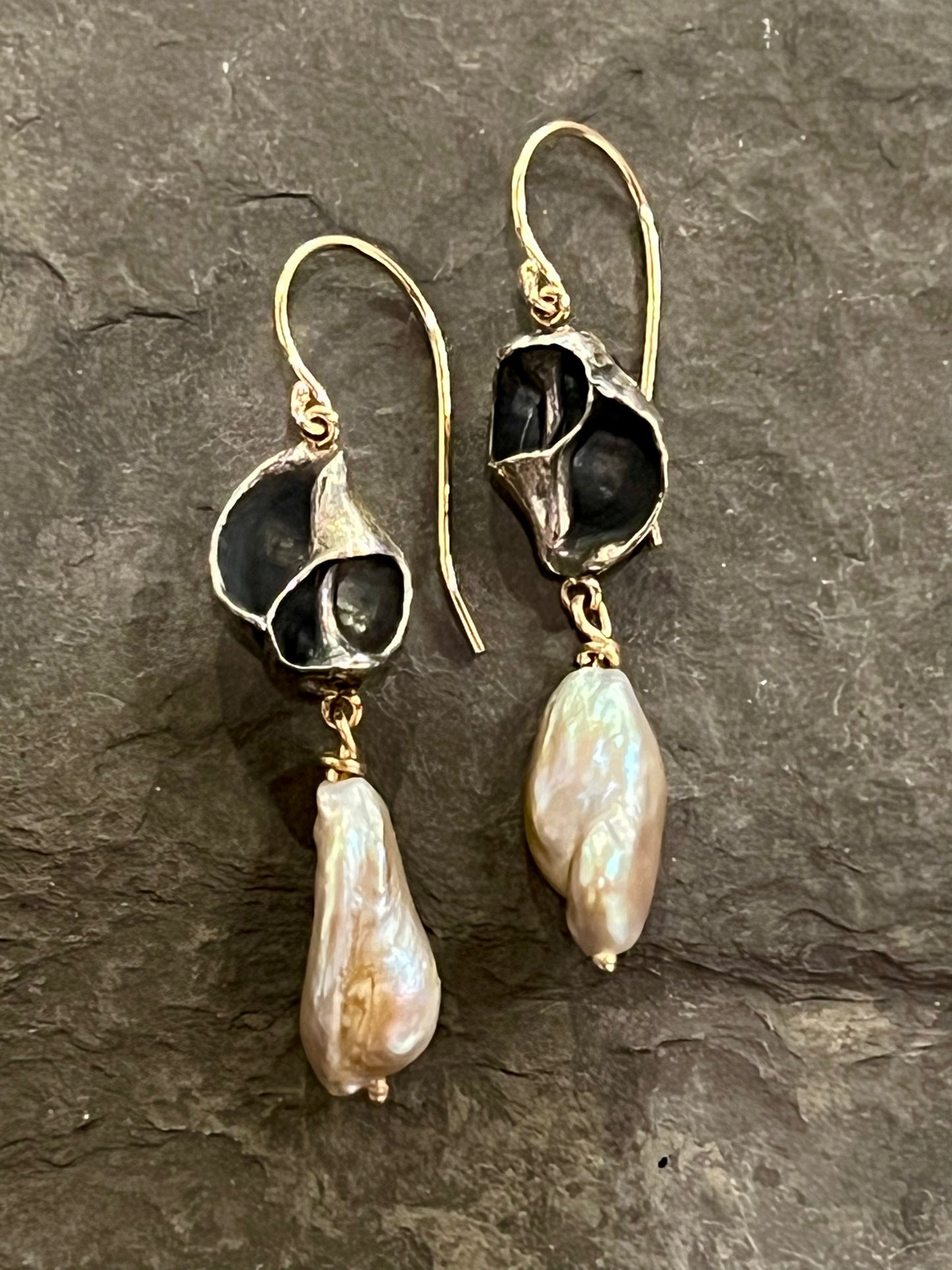 Ocean Inspired Small Eroded Conch Shell Earrings Sterling, 14K with Freshwater Pearl - Salt Series