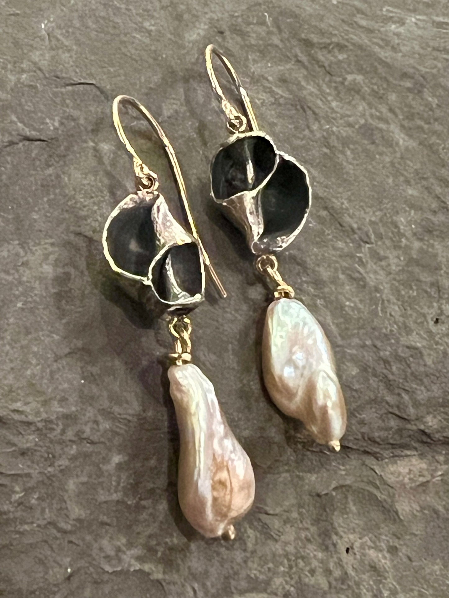Ocean Inspired Small Eroded Conch Shell Earrings Sterling, 14K with Freshwater Pearl - Salt Series