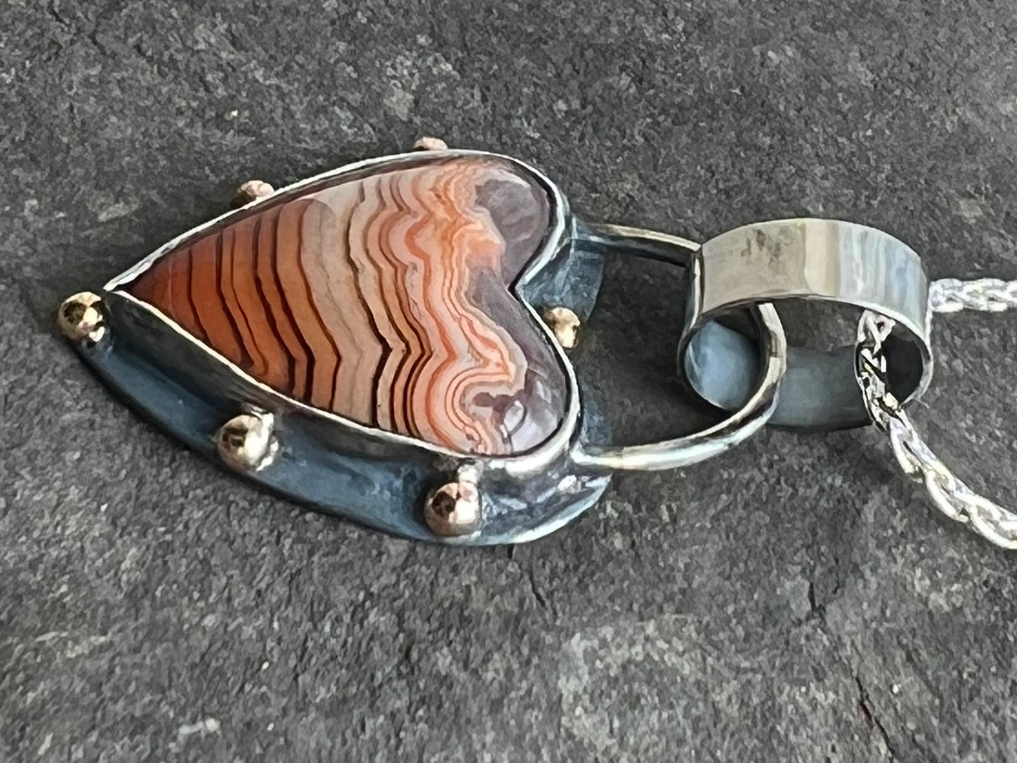 Laguna Agate Sterling & 14K Crooked Little Heart Pendant - One of a Kind Necklace